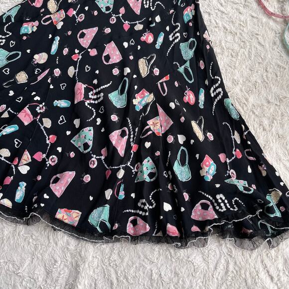 Vintage 90s Y2K handbag heart print midi slip dress ruffle trim bias cut fairy L - Picture 8 of 14